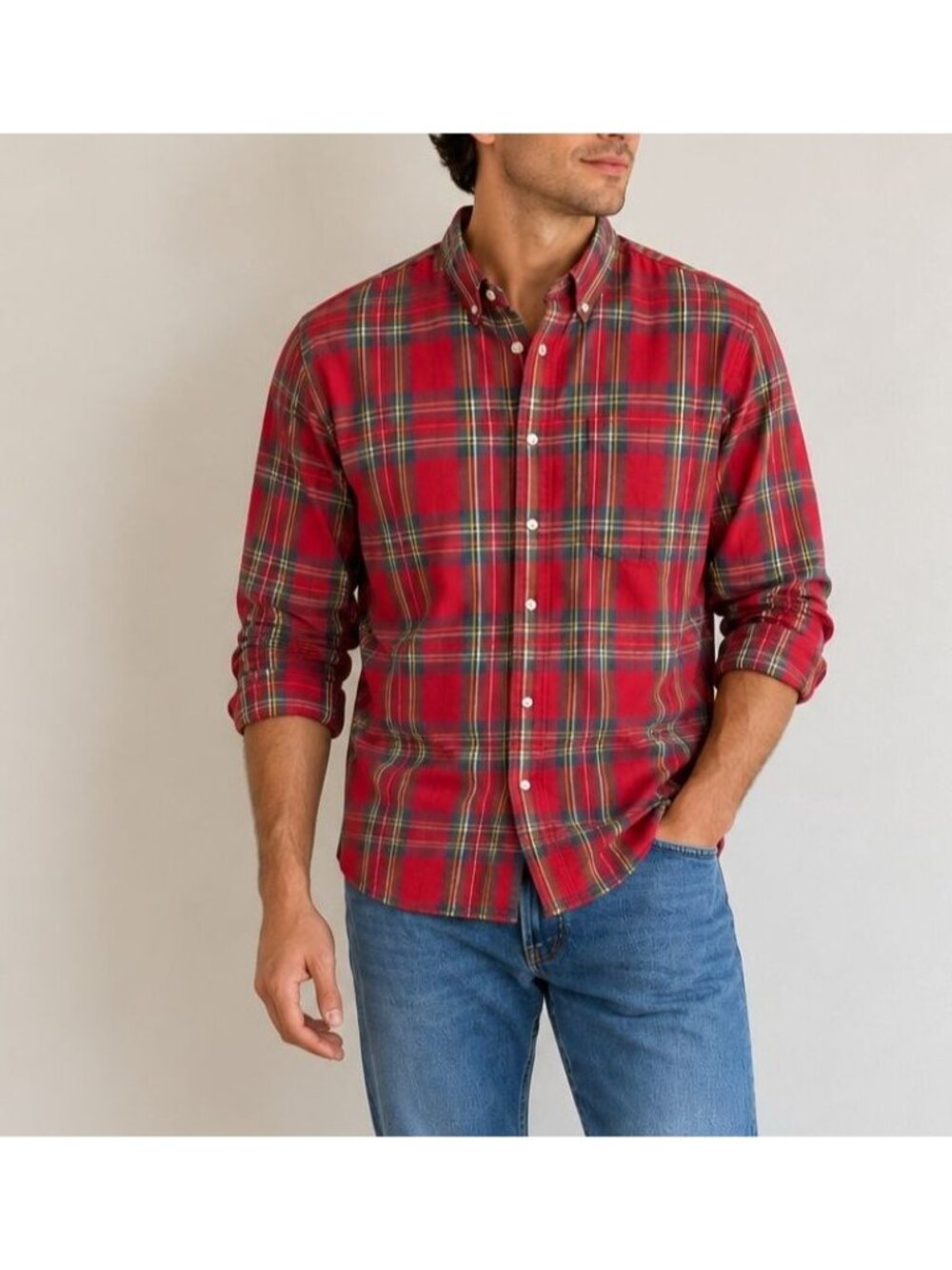 Vintage Sears Fieldmaster Red Plaid Button Down Shirt Cotton Tartan Flannel